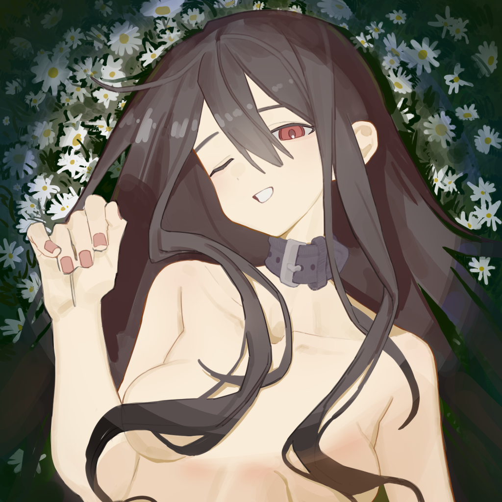 1girl ahoge breasts brown_hair collar convenient_censoring daisy field flower flower_field grass hair_censor half-closed_eyes kuzi long_hair looking_at_viewer lying nude on_back one_eye_closed original red_eyes small_breasts smile solo upper_body white_flower