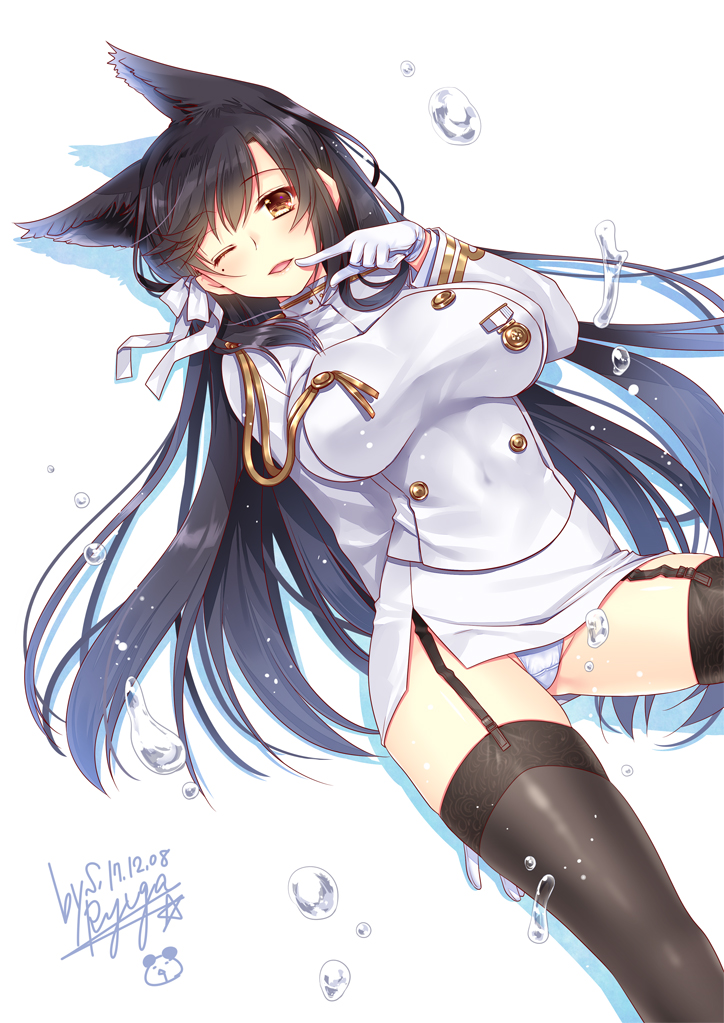 1girl ;) animal_ears atago_(azur_lane) azur_lane black_hair black_thighhighs breasts brown_eyes commentary_request dated female_focus finger_to_mouth garter_straps gloves large_breasts long_hair long_sleeves looking_at_viewer military military_uniform mole mole_under_eye one_eye_closed open_mouth panties ryuuga_shou signature simple_background smile solo thighhighs underwear white_background white_gloves white_panties