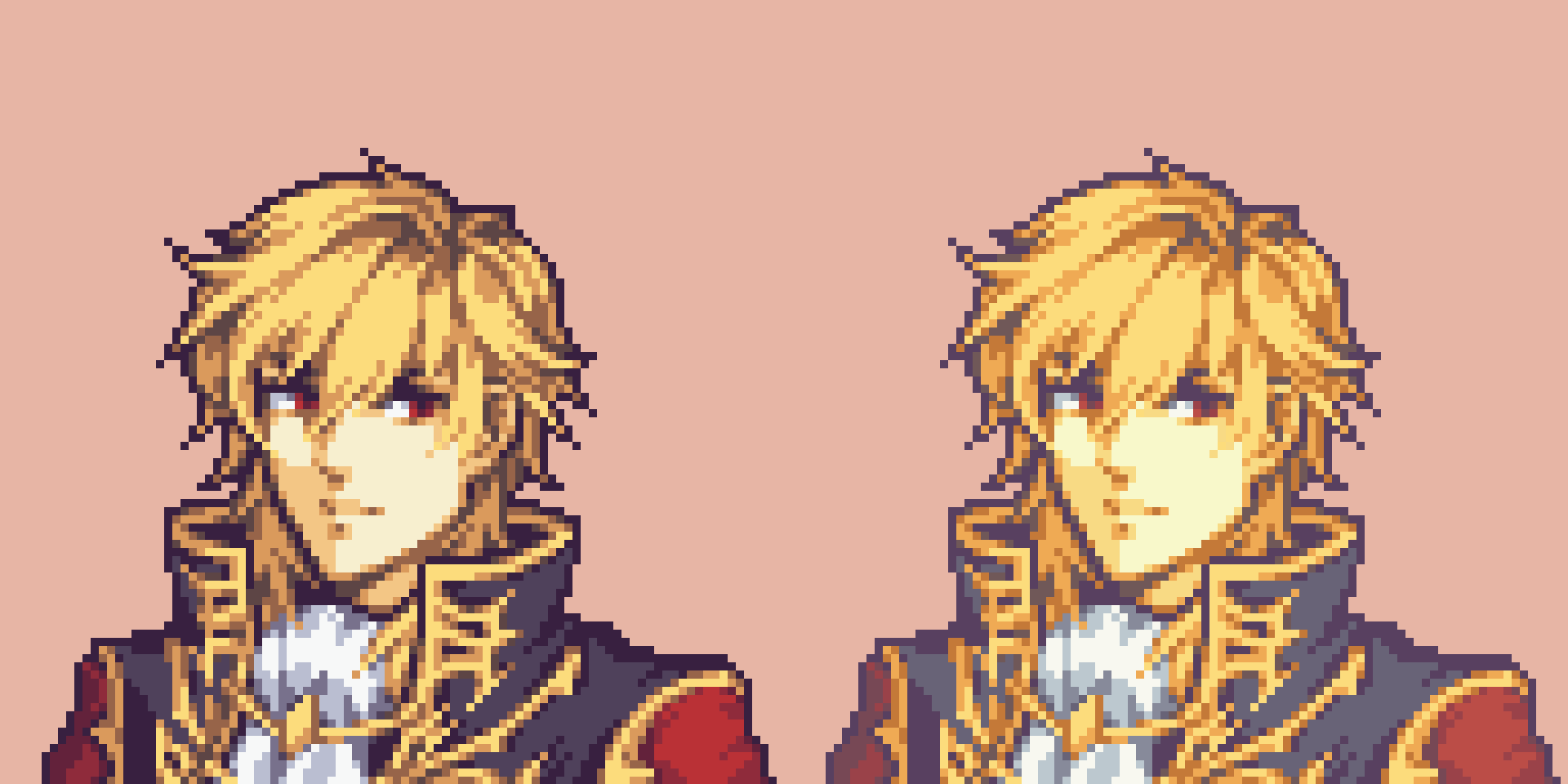 1boy bad_id bad_twitter_id beige_background blonde_hair buskhusker close-up closed_mouth eldigan_(fire_emblem) fire_emblem hair_between_eyes highres looking_to_the_side male_focus nintendo pixel_art portrait red_eyes simple_background solo upper_body variations