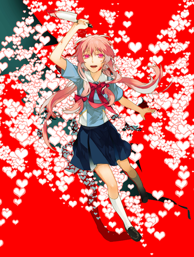 1girl akio_(89e) blood blood_on_face female_focus gasai_yuno heart knife long_hair mirai_nikki pink_eyes pink_hair solo