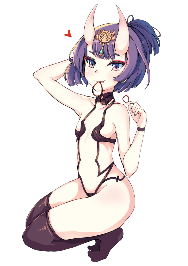 1girl arm_behind_head arm_up bare_shoulders blush breasts brown_thighhighs collarbone fang fate/grand_order fate_(series) fingernails full_body hair_tie hair_tie_in_mouth headpiece heart high_ponytail horns looking_at_viewer mouth_hold nakatokung no_shoes oni parted_lips ponytail purple_eyes purple_hair revealing_clothes shuten_douji_(fate) simple_background skin-covered_horns small_breasts solo squatting thighhighs white_background