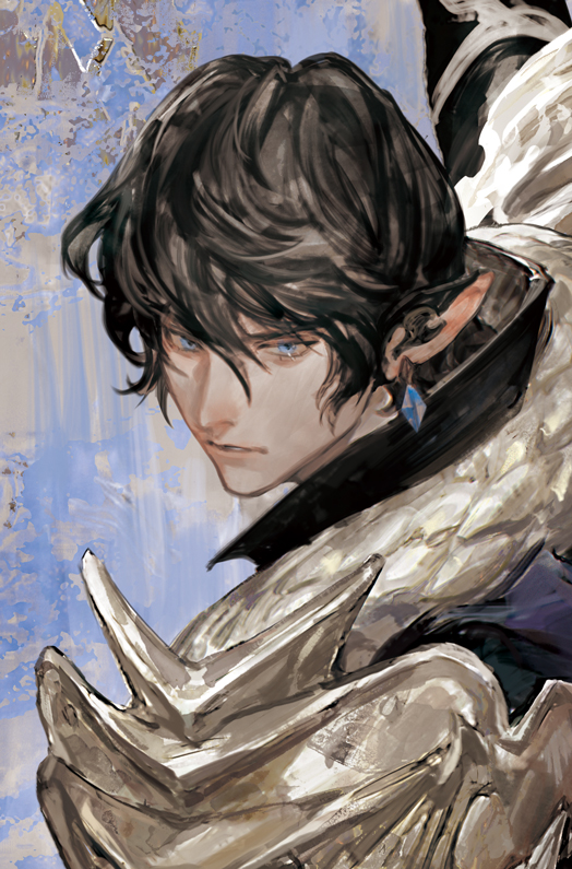 1boy armor aymeric_de_borel black_hair blue_eyes chinese_commentary closed_mouth commentary_request ear_piercing earrings elezen elf final_fantasy final_fantasy_xiv hangleing jewelry looking_ahead male_focus pauldrons piercing pointy_ears short_hair shoulder_armor solo upper_body