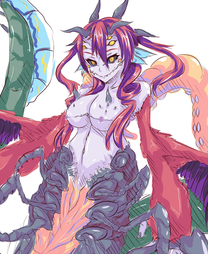 black_sclera breasts colored_sclera dunceneygak extra_ears extra_eyes extra_legs horns arthropod_girl large_breasts monster_girl nipples red_hair tail yellow_eyes