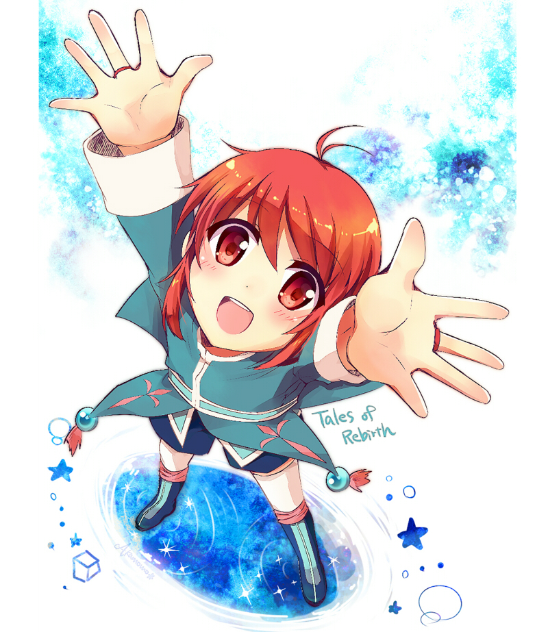 1boy :d akamomo bad_id bad_pixiv_id boots copyright_name from_above male_focus mao_(tales) open_mouth outstretched_arms red_eyes red_hair smile solo star_(symbol) tales_of_(series) tales_of_rebirth