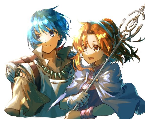 1boy 1girl backpack bag blonde_hair blue_eyes blue_hair brown_eyes capelet chris_(eiyuu_densetsu) curtained_hair eiyuu_densetsu hair_between_eyes holding holding_staff hwhh jewelry jurio_(eiyuu_densetsu) necklace open_mouth shiroki_majo short_ponytail simple_background smile staff upper_body white_background wristband