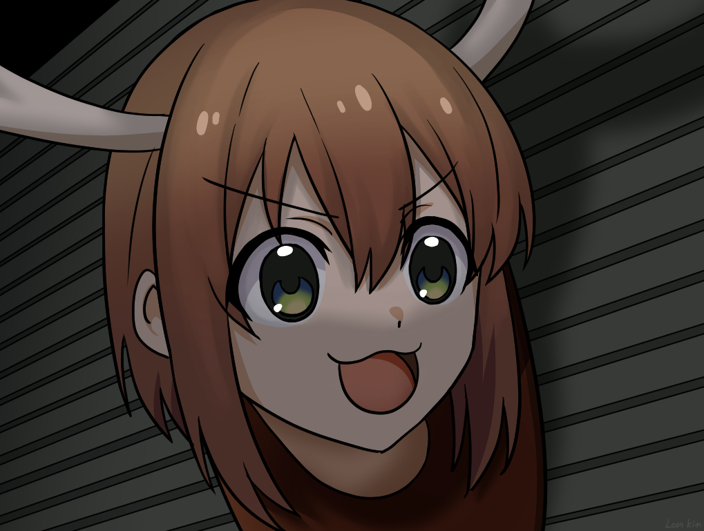 :3 antlers brown_hair deer_antlers deer_girl evil_dead green_eyes horns kimleon open_mouth parody shikanoko_noko shikanoko_nokonoko_koshitantan short_hair short_hair_with_long_locks smile