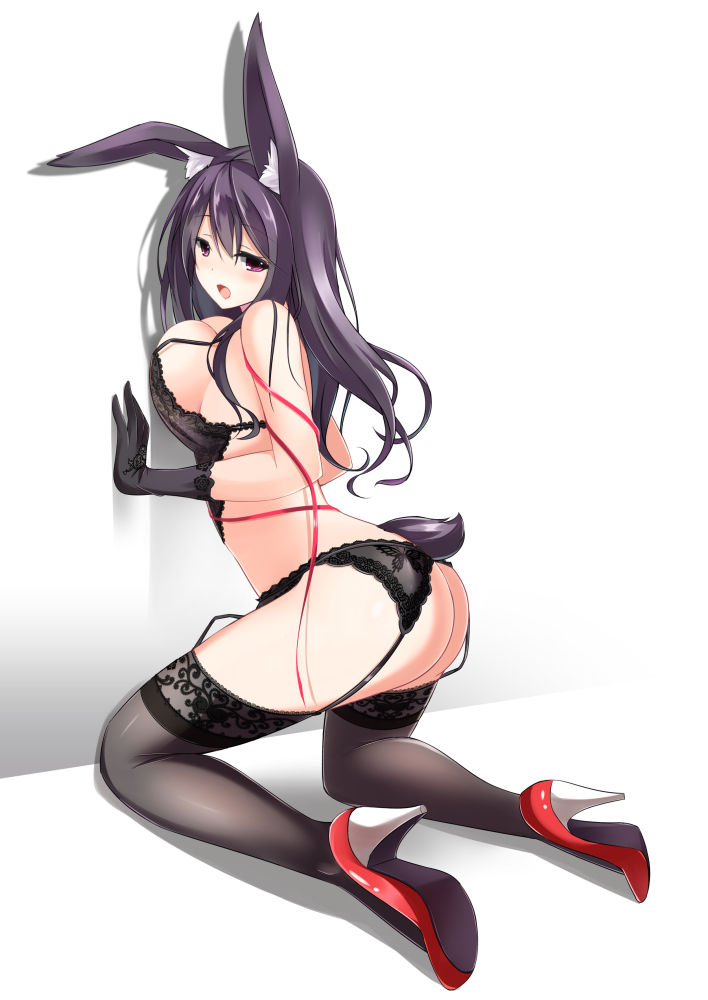 1girl :o against_wall animal_ears ass black_bra black_gloves black_thighhighs blush bra breast_press breasts fatkewell female_focus full_body garter_belt gloves high_heels kneeling lace lace-trimmed_legwear lace_trim large_breasts looking_back no_panties open_mouth original pink_eyes purple_hair rabbit_ears rabbit_tail simple_background solo tail thighhighs underwear white_background