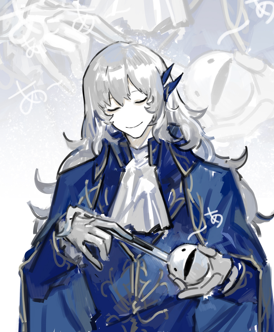 1boy argalia_(project_moon) ascot blue_cape blue_jacket cape closed_eyes closed_mouth gloves hair_ornament jacket library_of_ruina long_hair male_focus nishikujic otamatone project_moon sidelocks solo upper_body very_long_hair white_ascot white_background white_gloves white_hair