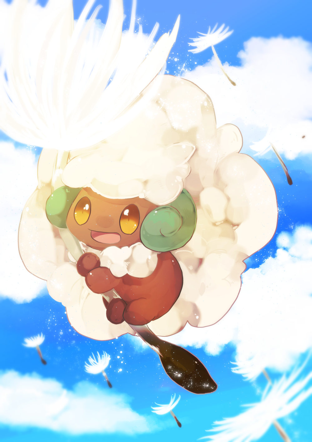 absurdly_long_hair animal_focus bad_id bad_pixiv_id banchiku big_hair blue_sky brown_eyes cloud creatures_(company) dandelion_seed day floating full_body game_freak gen_5_pokemon highres long_hair nintendo no_humans open_mouth outdoors pokemon pokemon_(creature) sky solo very_long_hair whimsicott white_hair