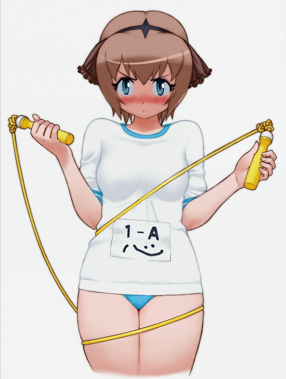 1girl accident blue_eyes blush brown_hair buruma cowboy_shot cropped_legs entangled female_focus gym_uniform headdress highres holding jump_rope kokoro_belmont nose_blush official_art otomedius otomedius_excellent short_hair short_sleeves simple_background solo yoshizaki_mine