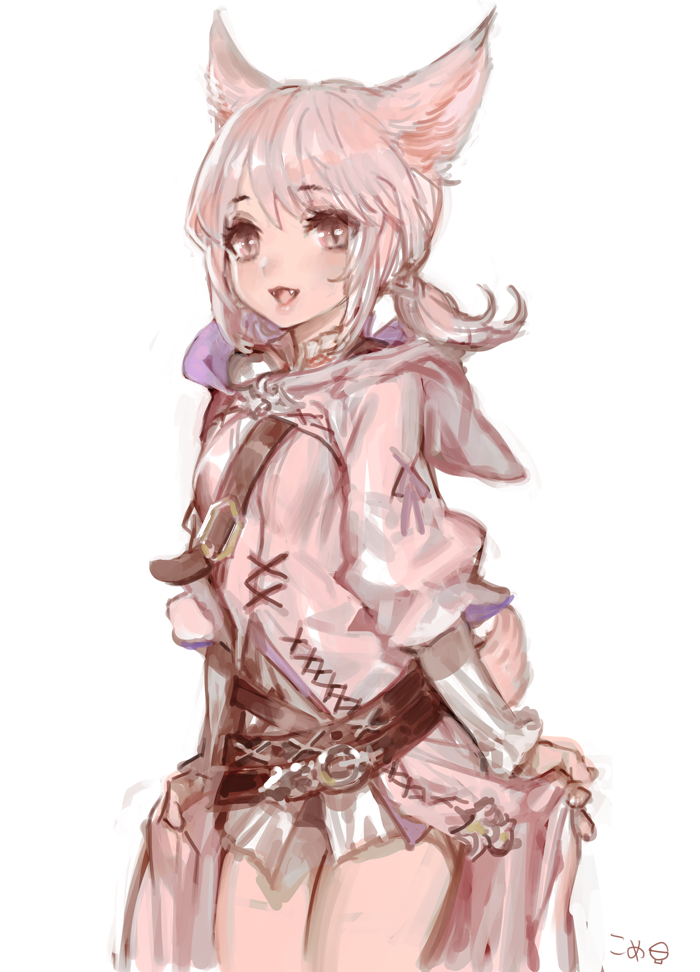 1girl :3 animal_ears bad_id bad_pixiv_id belt blush cat_ears cowboy_shot fangs final_fantasy final_fantasy_xiv frischenq hood hood_down looking_at_viewer miqo&#039;te open_mouth pink_eyes pink_hair pink_robe ponytail robe slit_pupils solo t&#039;kebbe tail white_background