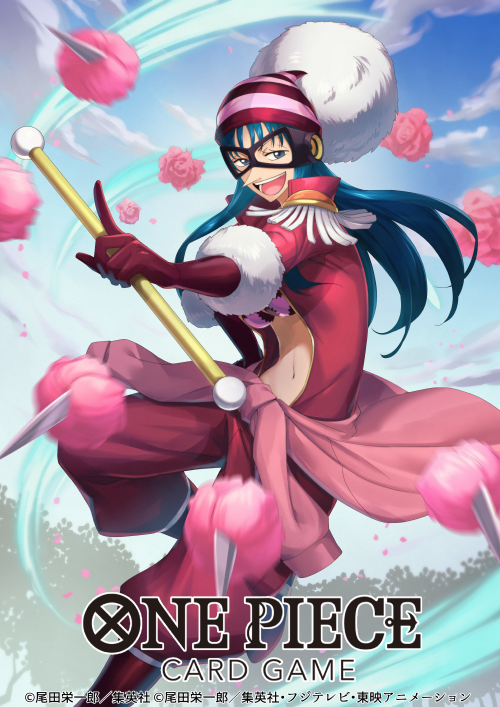 1girl aiming aiming_at_viewer attack blue_hair commentary_request copyright_name epaulettes eye_mask flower gloves hat holding holding_wand jumpsuit long_hair official_art one_piece one_piece_card_game ori_simo pink_flower pink_rose plunging_neckline pointy_ears pom_pom_(clothes) porche_(one_piece) rose sky smile solo wand