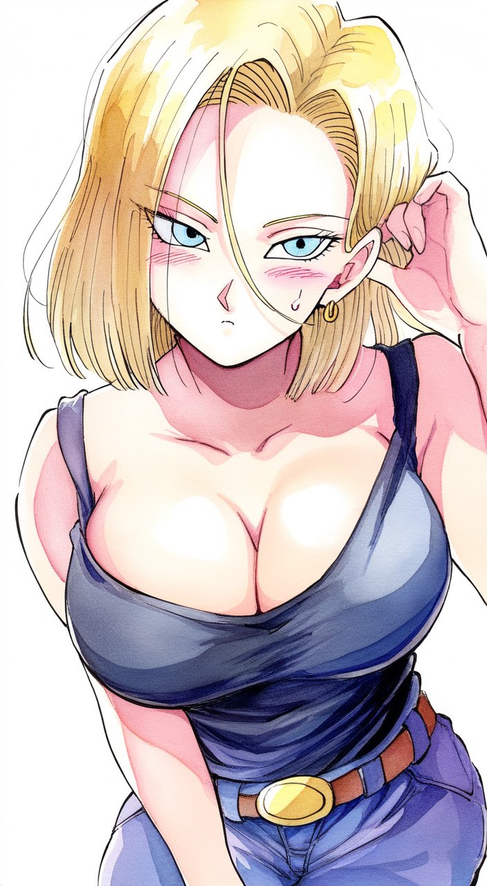 1girl alternate_costume android_18 bare_shoulders belt blonde_hair blue_eyes blush breasts cleavage collarbone denim dragon_ball dragonball_z earrings hair_behind_ear hair_between_eyes highres jeans jei_games jewelry large_breasts leaning leaning_forward looking_at_viewer no_bra pants shirt short_hair solo tank_top white_background