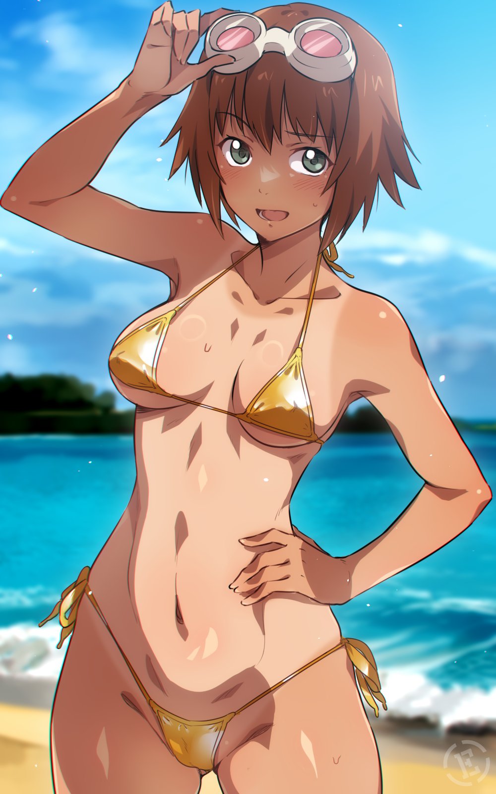 1girl adjusting_eyewear alternate_breast_size beach bikini blush breasts brown_hair em_(totsuzen_no_hakike) goggles goggles_on_head gold_bikini green_eyes hand_on_own_hip highres looking_at_viewer micro_bikini navel open_mouth raised_eyebrow rita_mordio short_hair side-tie_bikini_bottom swimsuit tales_of_(series) tales_of_vesperia tan tanline