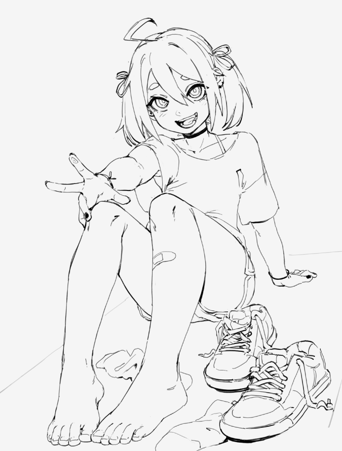 1girl :d ahoge arm_support armpit_peek bandaid bandaid_on_leg bare_legs barefoot blush bracelet choker collarbone commentary double-parted_bangs ear_piercing english_commentary eyelashes feet full_body greyscale hair_between_eyes hair_ribbon hand_on_own_knee jewelry k-rha&#039;s knees_up leaning_back legs lineart looking_at_viewer medium_hair monochrome on_ground open_mouth original outstretched_arm piercing ribbon ringed_eyes shoes short_eyebrows short_shorts short_sleeves shorts sidelocks simple_background sitting smile solo teeth thick_eyebrows toenails toes two_side_up unworn_shoes unworn_socks v