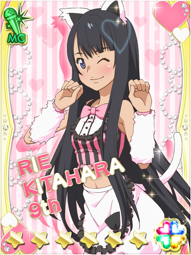 1girl ;) akb0048 animal_ears apron black_hair blush bow bowtie card_(medium) cat_ears cat_tail character_name claw_pose closed_mouth cowboy_shot crop_top fake_animal_ears frilled_apron frilled_tank_top frills heart kitahara_rie_(akb0048) long_hair looking_at_viewer midriff non-web_source official_art one_eye_closed pink_background pink_bow pink_bowtie shorts smile solo sparkle standing star_(symbol) striped_background tail three_quarter_view very_long_hair white_shorts white_tail