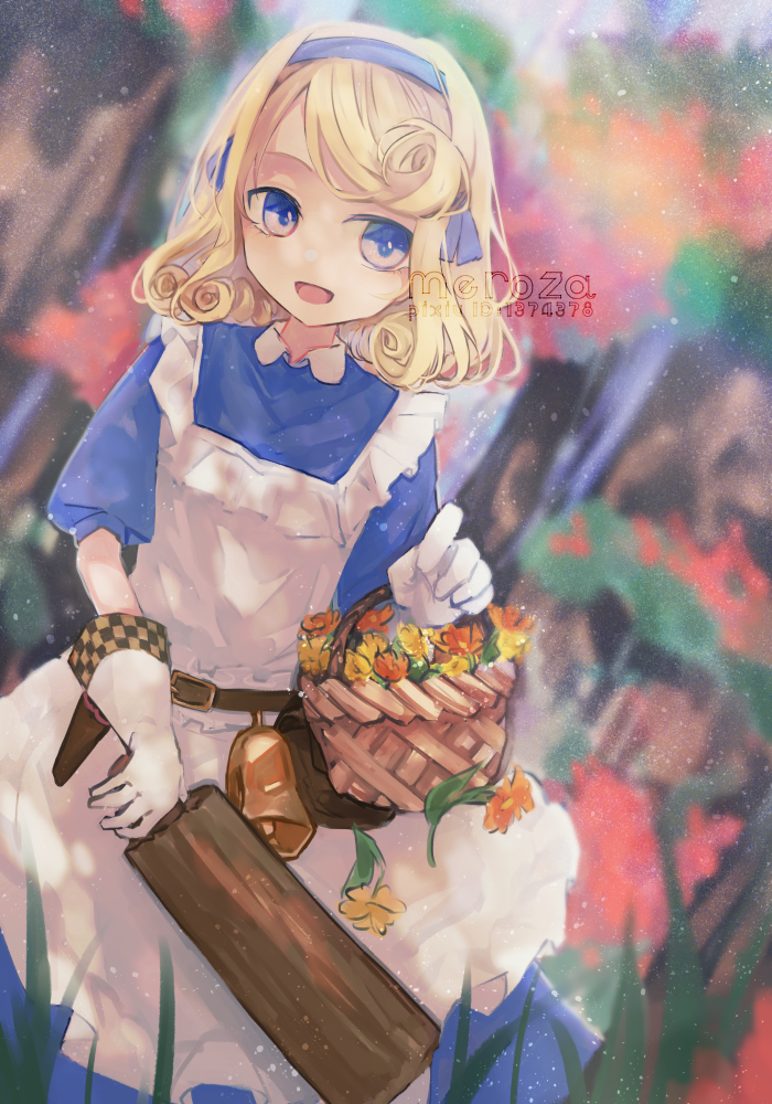 1girl apron artist_name basket bell blonde_hair blue_dress blue_eyes club_(weapon) commentary dress etrian_odyssey farmer_(sekaiju) farmer_4_(sekaiju) flower flower_basket gloves holding holding_basket holding_club holding_weapon mare_(shiori_3021) open_mouth pixiv_id sekaiju_no_meikyuu sekaiju_no_meikyuu_3 smile weapon white_apron white_gloves