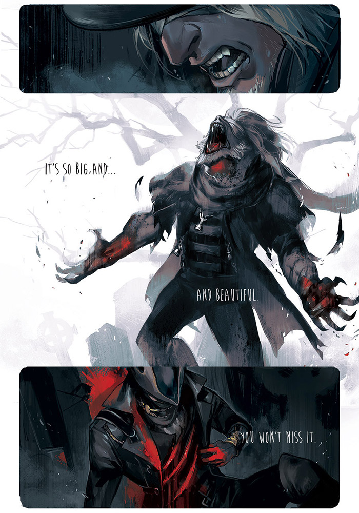 2boys bandaged_head bandages blood bloodborne claws comic english_text father_gascoigne fayren furry furry_male hat hidden_eyes hunter_(bloodborne) injury male_focus multiple_boys old old_man open_mouth teeth transformation werewolf