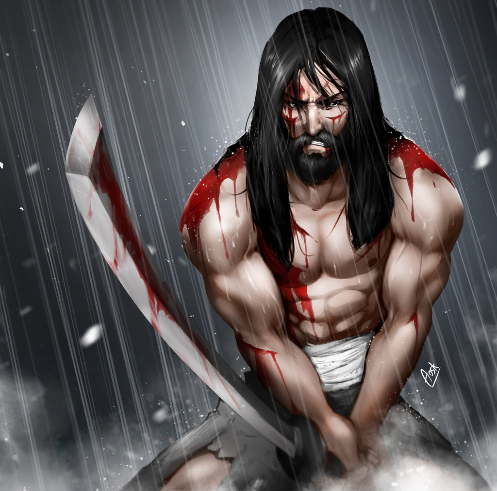 1boy abs aosk26 beard black_hair blood bloody_weapon cuts facial_hair fighting_stance hair_down injury katana long_hair male_focus manly midriff_sarashi muscular aged_up pants rain realistic samurai_jack samurai_jack_(character) sarashi serious solo spoilers sword topless_male torn_clothes torn_pants weapon