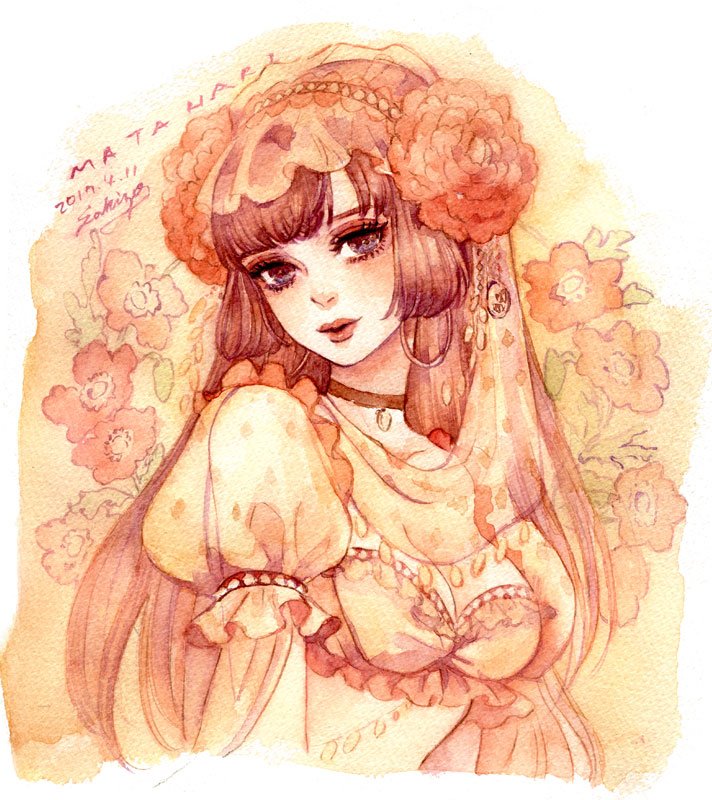 1girl blue_eyes breasts brown_hair choker cleavage dated earrings fate/grand_order fate_(series) flower frilled_sleeves frills hair_flower hair_ornament headdress hoop_earrings jewelry long_hair mata_hari_(fate) painting_(medium) puffy_short_sleeves puffy_sleeves sakizou short_sleeves signature smile solo traditional_media watercolor_(medium)