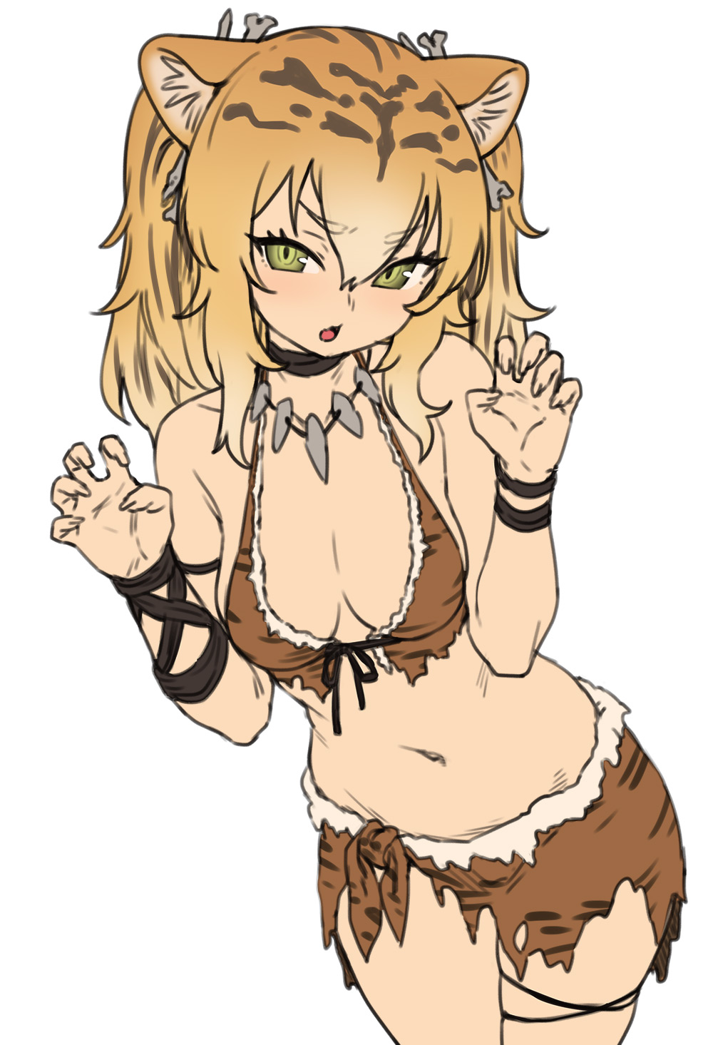 1girl animal_ears bare_shoulders bikini blonde_hair blush breasts brown_bikini cavewoman flat_color green_eyes highres houtengeki long_hair looking_at_viewer medium_breasts navel original simple_background solo swimsuit thighs tiger_ears tiger_stripes tribal twintails white_background