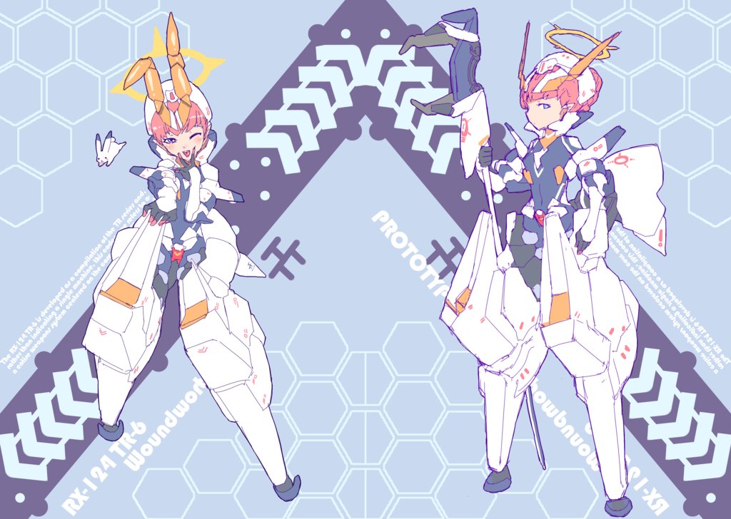 2girls advance_of_zeta blue_eyes bodysuit rabbit rabbit_ears ceda_(dace) gundam halo mecha_musume multiple_girls pink_hair short_hair staff tr-6_woundwort