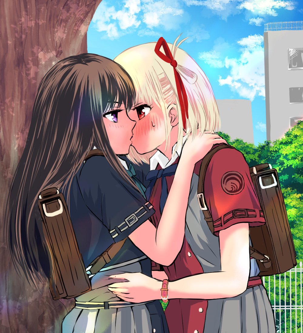 2girls backpack bag black_hair blonde_hair blue_dress blue_sky blush building cloud commentary_request day dress hair_ribbon hand_on_another&#039;s_shoulder hand_on_another&#039;s_waist inoue_takina kiss komari_(komarimiru3) long_hair lycoris_recoil lycoris_uniform medium_hair multiple_girls nishikigi_chisato outdoors pleated_skirt purple_eyes red_dress red_eyes red_ribbon ribbon short_sleeves skirt sky sweatdrop tree upper_body yuri