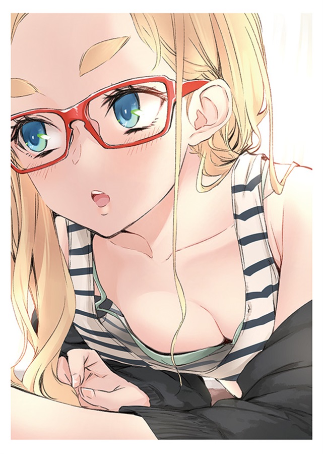 1girl bare_shoulders black_jacket blonde_hair blue_eyes blush breasts camisole cleavage close-up dekomegane glasses jacket long_hair looking_to_the_side off_shoulder open_mouth original red-framed_eyewear sasetsu small_breasts solo thick_eyebrows