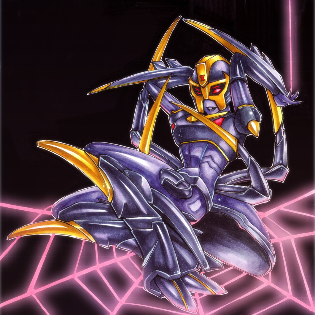 1girl arthropod_girl arthropod_limbs black_background black_lips blackarachnia breasts colored_skin hmsfurious47 looking_at_viewer mecha medium_breasts narrow_waist purple_skin red_eyes robot robot_girl silk solo spider_web transformers transformers_animated