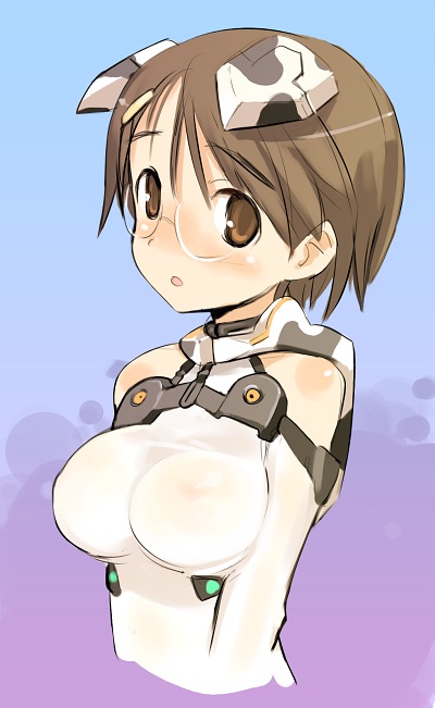 00s 1girl breasts brown_eyes brown_hair female_focus fujieda_nanae glasses huge_breasts leotard mecha_pilot_suit motion_slit motionslit nipples see-through_clothes shimada_fumikane short_hair sky_girls solo