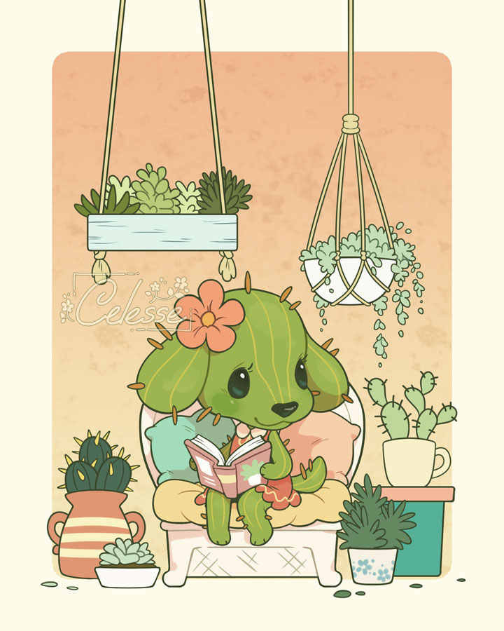 1girl :3 animal_ears animal_nose book cactus chair chibi chibi_only commentary cushion dog_ears dog_girl dog_tail english_commentary flower furry furry_female holding holding_book monster_girl original pink_flower plant plant_girl potted_plant samantha_whitten sitting smile solo tail watermark