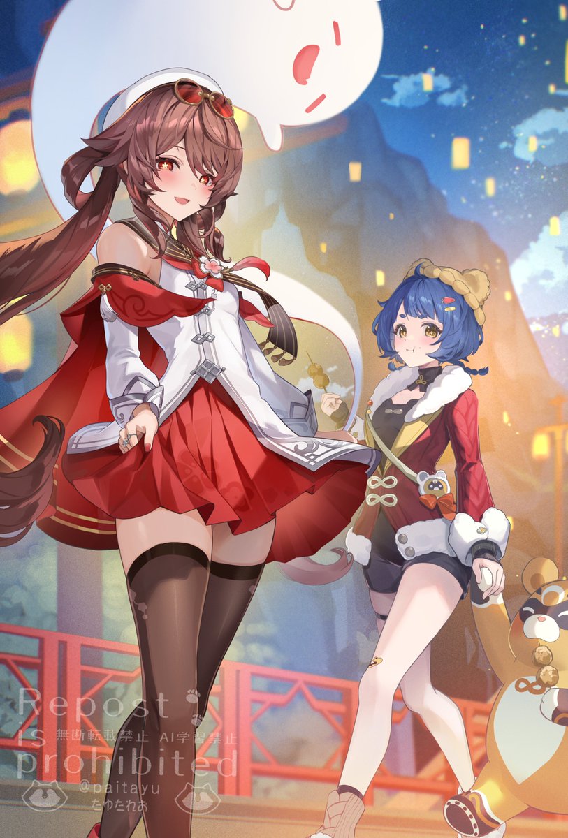 2girls :t bare_shoulders black_hair black_shorts blush boo_tao_(genshin_impact) brown_hair brown_hat closed_mouth commentary_request detached_sleeves dress eyewear_on_head flower-shaped_pupils food fried_radish_balls_(genshin_impact) genshin_impact guoba_(genshin_impact) hat highres holding holding_food holding_hands hu_tao_(cherries_snow-laden)_(genshin_impact) hu_tao_(genshin_impact) looking_at_viewer multicolored_hair multiple_girls night night_sky official_alternate_costume open_mouth outdoors pi_tayuko red-tinted_eyewear red_eyes red_hair round_eyewear short_shorts shorts sky standing star_(sky) starry_sky symbol-shaped_pupils tinted_eyewear twintails twitter_username white_dress white_hat white_sleeves xiangling_(genshin_impact) xiangling_(new_year&#039;s_cheer)_(genshin_impact) yellow-framed_eyewear yellow_eyes