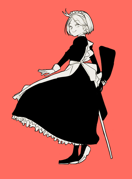 1girl ahoge alternate_costume apron boots chokuboron_ryou enmaided frilled_apron frills from_side full_body greyscale_with_colored_background gun holding holding_gun holding_weapon long_sleeves looking_at_viewer looking_to_the_side maid maid_apron maid_headdress monochrome natsume_izuho rifle short_hair simple_background smile sniper_rifle solo standing weapon world_trigger