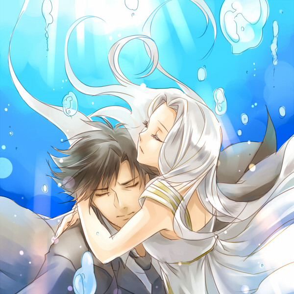 1boy 1girl black_hair bubble couple emiya_kiritsugu fate/zero fate_(series) hetero husband_and_wife irisviel_von_einzbern irisviel_von_einzbern_(angel&#039;s_song) long_hair momopan_(artist) momopanda underwater white_hair