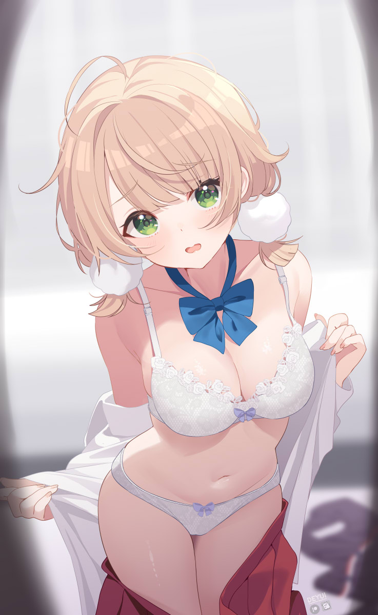 1girl artist_name bare_shoulders blonde_hair blue_bow blue_bowtie blurry blurry_background blush bow bowtie bra breasts cleavage commentary deyui embarrassed fanbox_logo green_eyes hair_ornament highres indie_virtual_youtuber looking_at_viewer low_twintails medium_breasts navel off_shoulder open_clothes open_mouth open_shirt panties patreon_logo pom_pom_(clothes) pom_pom_hair_ornament red_skirt shigure_ui_(vtuber) short_hair short_twintails skirt solo stomach symbol-only_commentary twintails underwear undressing unworn_skirt virtual_youtuber white_bra white_panties