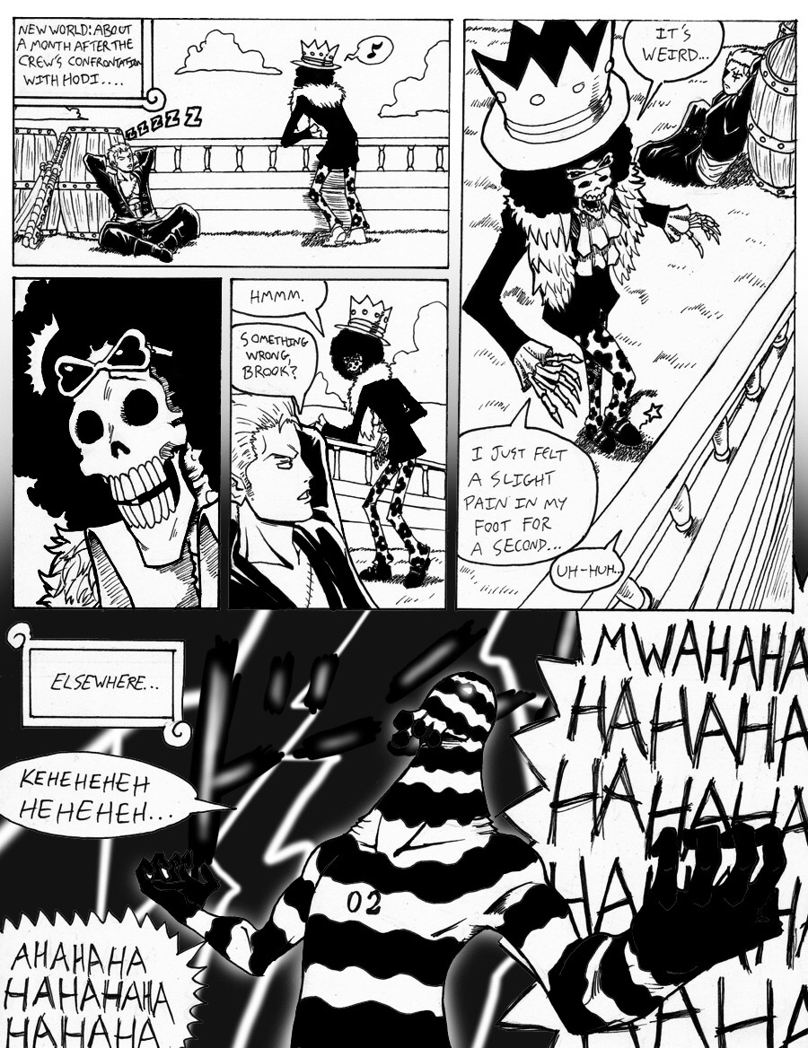 3boys brook_(one_piece) comic garththedestroyer laughing male_focus md5_mismatch monochrome multiple_boys one_piece roronoa_zoro ship skeleton watercraft zeo_(one_piece)