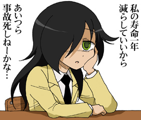 1girl :o bad_source black_hair black_necktie blazer collared_shirt commentary_request green_eyes hair_over_one_eye hand_on_own_cheek hand_on_own_face jacket kuroki_tomoko long_hair long_sleeves lowres maso_(ascii_art) necktie on_chair open_mouth shirt simple_background sitting solo translation_request watashi_ga_motenai_no_wa_dou_kangaetemo_omaera_ga_warui! white_background white_shirt wooden_chair yellow_jacket