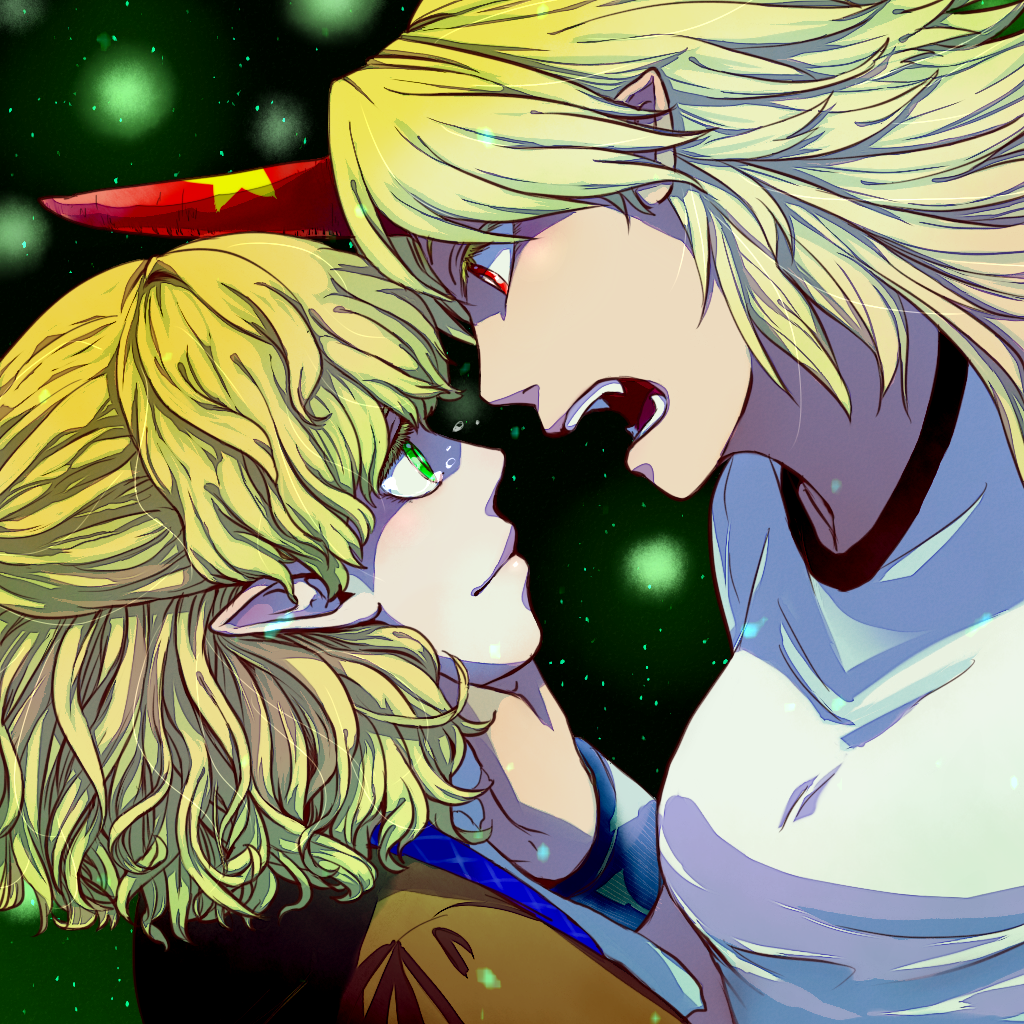 2girls ameya_nihachi blonde_hair breasts colored_eyelashes cuffs eye_contact eyelashes fangs gradient_background green_eyes hand_on_another&#039;s_throat horns hoshiguma_yuugi kinoko_(pixiv) light_particles lips looking_at_another mizuhashi_parsee multiple_girls muscular muscular_female open_mouth pointy_ears red_eyes shackles short_hair single_horn star_(symbol) tears touhou