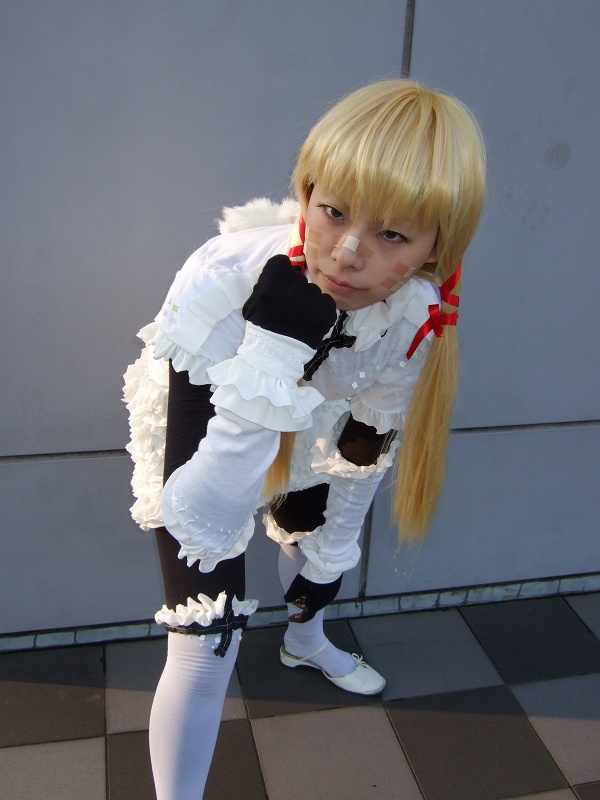 1girl apron asian bandaid blonde_hair cloth_road cosplay female_focus frills gloves hair_ribbon jennifer kouzuki_rin looking_at_viewer photo_(medium) ribbon solo twintails