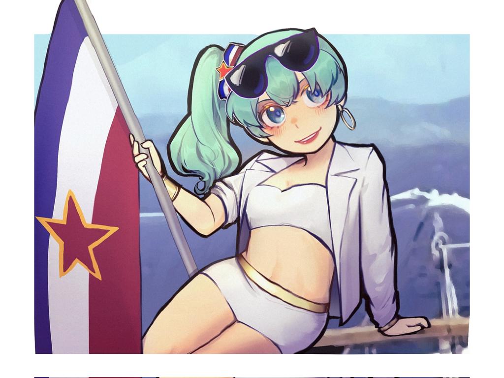 1girl aqua_hair bad_id bad_twitter_id blue_eyes blush border bracelet chen_feng_(slbdofcl) chinese_commentary commentary_request corrupted_twitter_file cosplay day earrings eyeshadow eyewear_on_head flag flag_print gold_bracelet gold_trim hair_ornament hairband hatsune_miku holding holding_flag hoop_earrings jacket jewelry lepa_brena lepa_brena_(cosplay) looking_to_the_side lying makeup medium_hair midriff mountainous_horizon on_side one_side_up open_clothes open_jacket open_mouth outdoors outside_border pencil_skirt photo_background print_hairband real_life red_lips revision single_earring skirt sleeve_rolled_up solo star_(symbol) star_hair_ornament strapless sunglasses tube_top vocaloid white_border white_jacket white_skirt white_tube_top worldwide_miku yugoslavia yugoslavian_flag