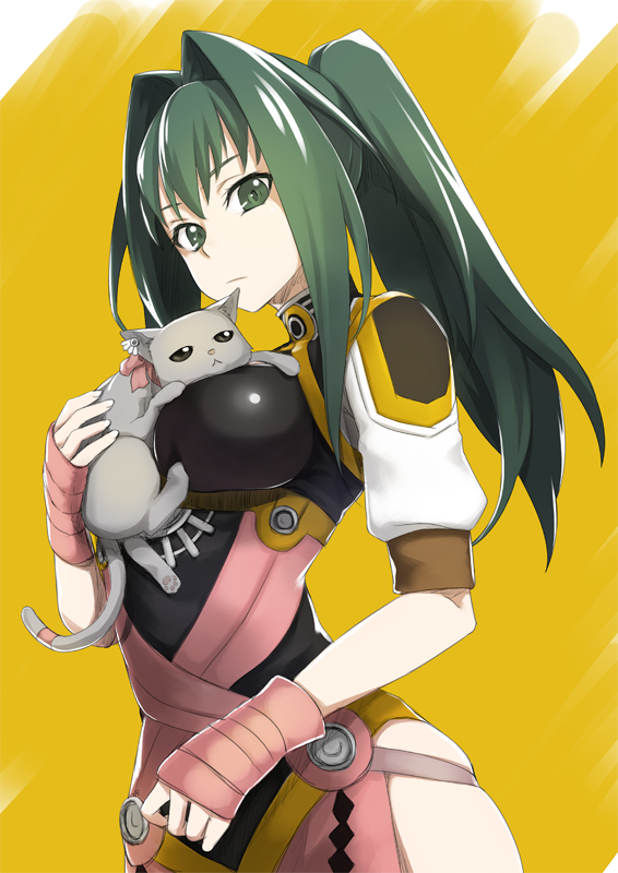 10s 1girl :&lt; akari_acura breasts cat frederika_(hitsugi_no_chaika) green_eyes green_hair hitsugi_no_chaika holding large_breasts long_hair niwa_zen ponytail shiny_clothes skindentation