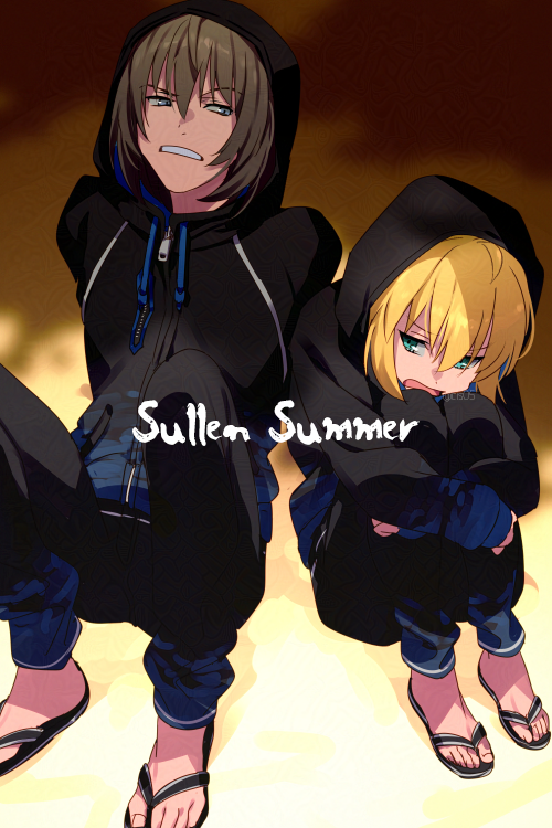 1boy 1girl artoria_caster_(fate) artoria_pendragon_(fate) black_pants black_sweater blonde_hair breasts echo_(circa) fate/grand_order fate_(series) green_eyes grey_hair hood hooded_sweater long_sleeves medium_hair oberon_(fate) oberon_(moody_summer_oberon)_(fate) pants sandals short_hair small_breasts sweater twintails