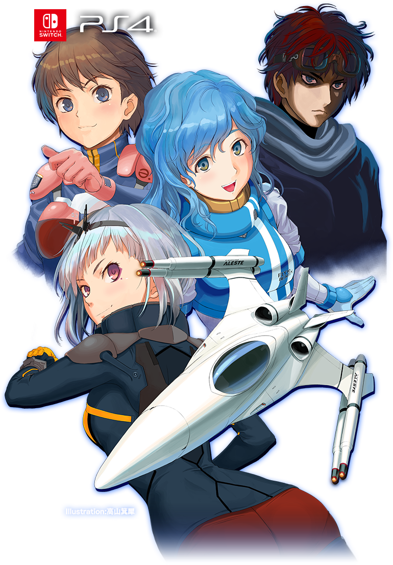 2boys 2girls aleste artist_name blue_eyes blue_hair brown_hair character_request cover curly_hair gg_aleste_3 looking_at_viewer luna_waizen multiple_boys multiple_girls official_art pilot_suit purple_eyes red_eyes red_hair scarf short_hair simple_background spacecraft takayama_kisai video_game_cover white_background white_hair