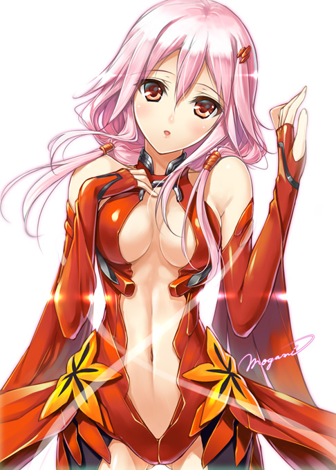 10s 1girl bad_id bad_pixiv_id bare_shoulders blush breasts center_opening cleavage elbow_gloves female_focus gloves guilty_crown hair_ornament hairclip looking_at_viewer medium_breasts mogami_noa navel pink_hair red_eyes solo twintails white_background yuzuriha_inori