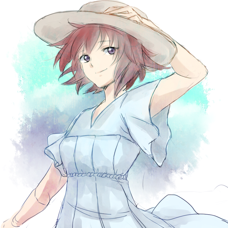 10s 1girl bad_id bad_pixiv_id canon_memphis dress female_focus hand_on_headwear hat hiki-wota looking_at_viewer purple_eyes red_hair short_hair sketch smile solo soukyuu_no_fafner sun_hat