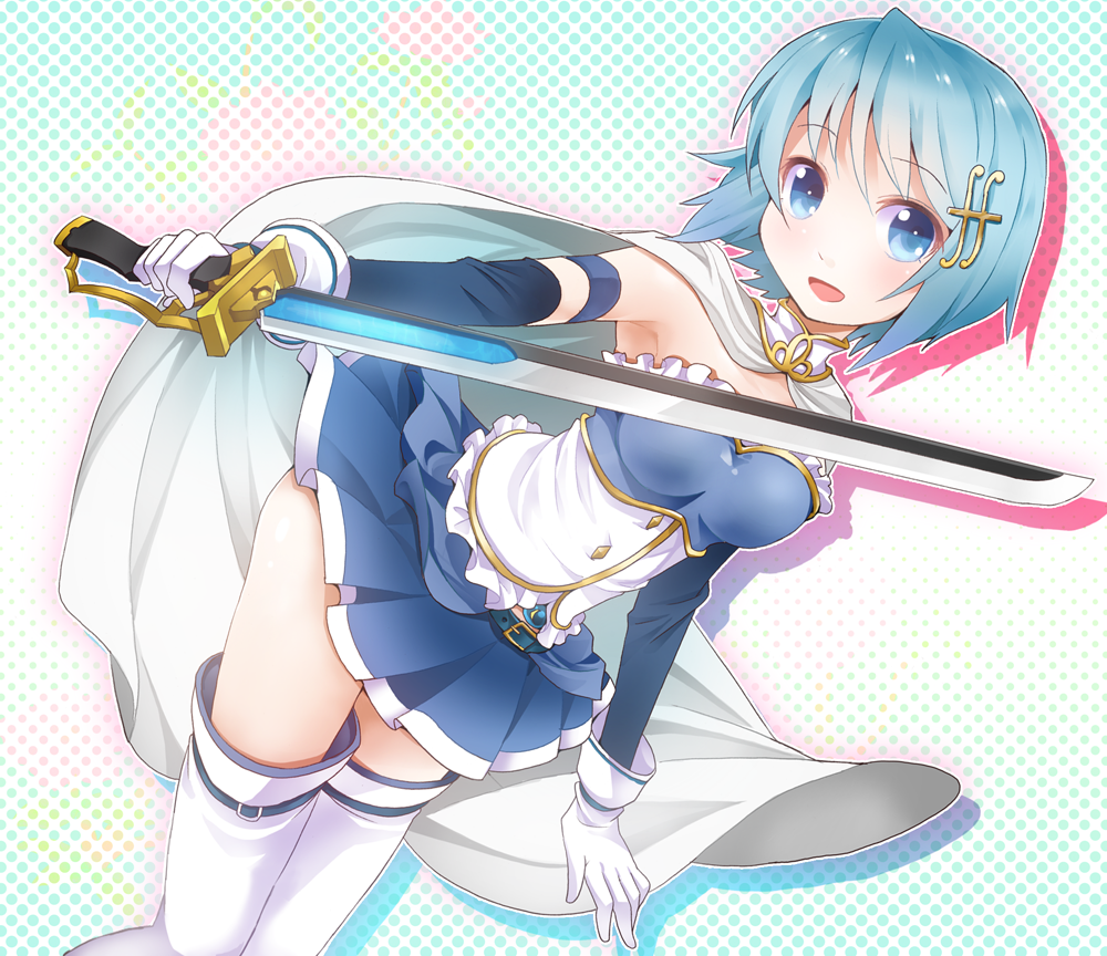 10s 1girl :d armband bad_id bad_pixiv_id belt blue_eyes blue_hair cape female_focus fortissimo gloves hair_ornament hairclip magical_girl mahou_shoujo_madoka_magica mahou_shoujo_madoka_magica_(anime) mahou_shoujo_madoka_magica_movie_1_&amp;_2 matching_hair/eyes miki_sayaka miki_sayaka_(magical_girl) musical_note musical_note_hair_ornament open_mouth polka_dot polka_dot_background ratryu short_hair smile solo soul_gem sword thighhighs weapon zettai_ryouiki