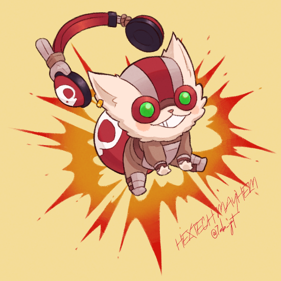 1other 7mb_yut :3 :d artist_name blush bomb brown_shirt chibi explosion explosive goggles hands_up headphones league_of_legends long_sleeves no_humans open_mouth shirt simple_background sitting skull_print smile spread_legs yellow_background yordle ziggs