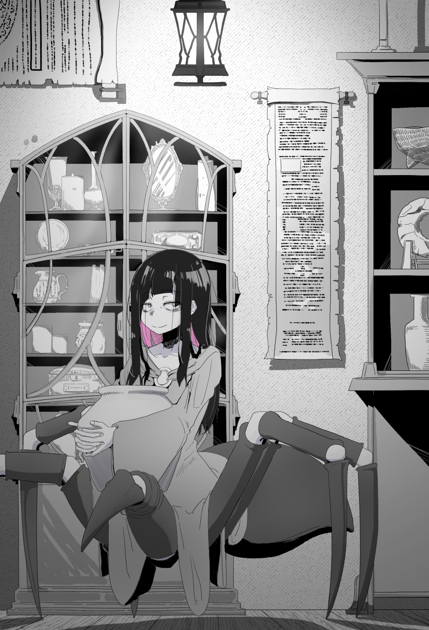 1girl abdomen_tail arachne arthropod_girl arthropod_limbs bags_under_eyes basket black_hair closed_mouth commentary_request dress greyscale half-closed_eyes highres holding holding_jar insect_girl jar lantern looking_at_viewer mirror monochrome monster_girl multicolored_hair o-ring o-ring_top original partially_colored pink_hair scroll smile solo spider_girl taur two-tone_hair tyomoti urn vase wooden_floor