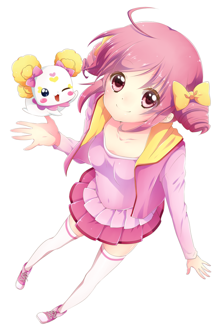 10s 1girl ahoge bow candy_(smile_precure!) casual collarbone drill_hair female_focus hoshizora_miyuki kuune_rin looking_up one_eye_closed outstretched_hand perspective pink_bow pink_eyes pink_hair precure short_hair simple_background smile smile_precure! solo thighhighs twin_drills twintails white_background wink zettai_ryouiki