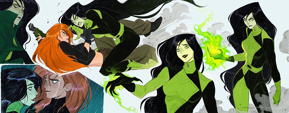 2girls ami_thompson black_gloves black_hair black_lips black_shirt bodysuit claws colored_skin duel eye_contact fighting gloves green_bodysuit green_eyes green_pants grey_skin kim_possible kim_possible_(series) long_hair looking_at_another lying magic multiple_girls multiple_views on_back orange_hair pale_skin pants rain red_hair shego shirt simple_background smile very_long_hair white_beak wrestling yuri